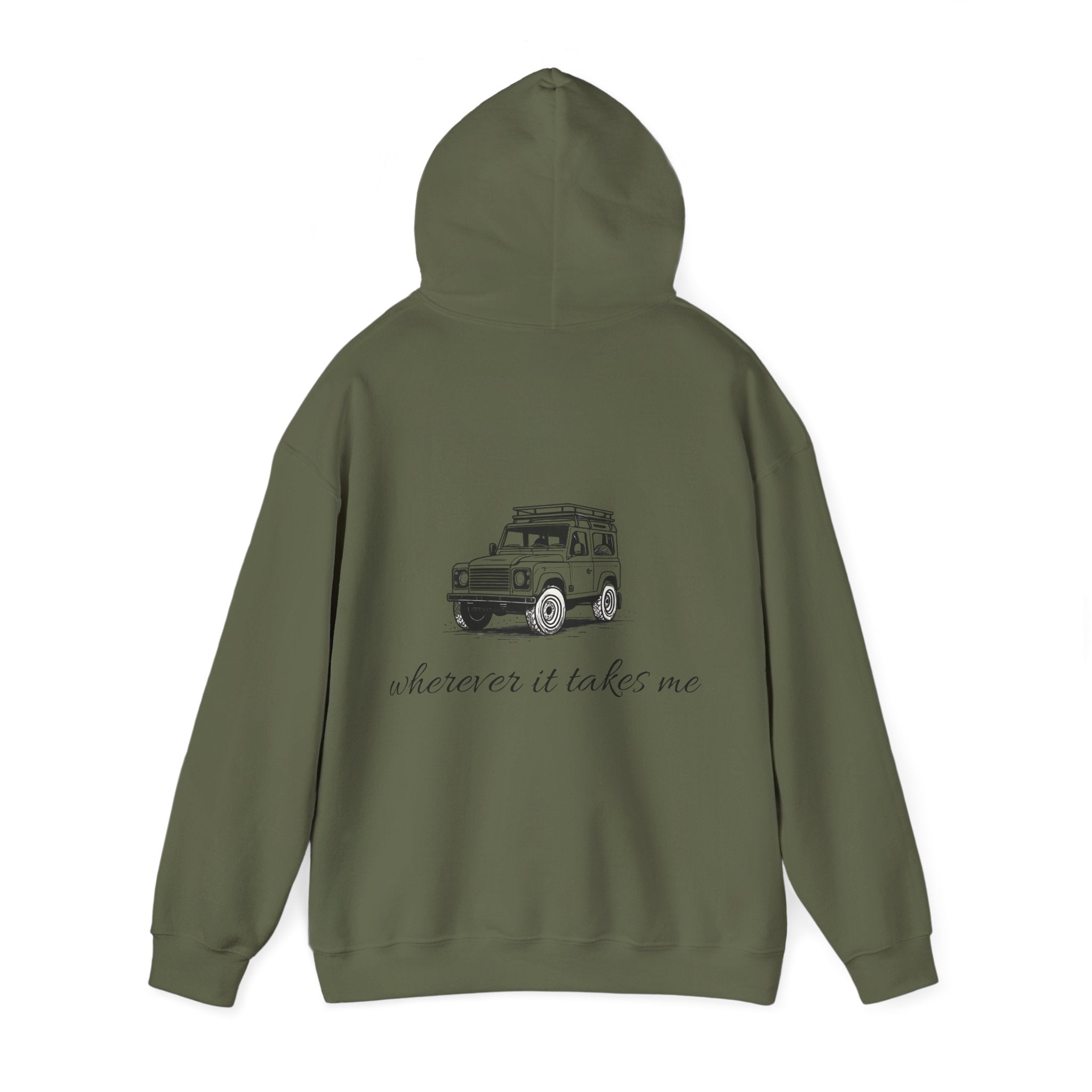 Green Land Rover Defender inspired hoodie back view