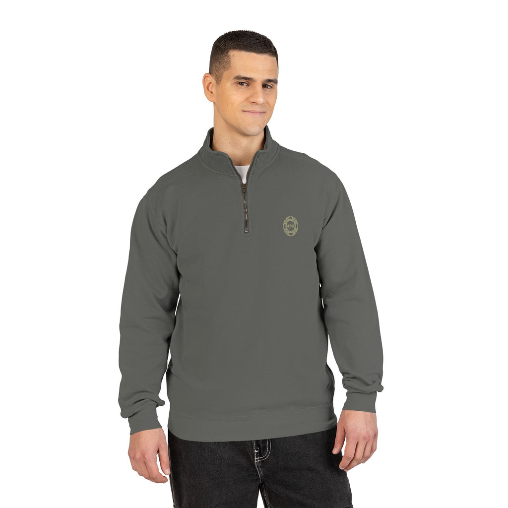 Quarter-Zip Sweatshirt — Minimal Olive Green Pocket Logo