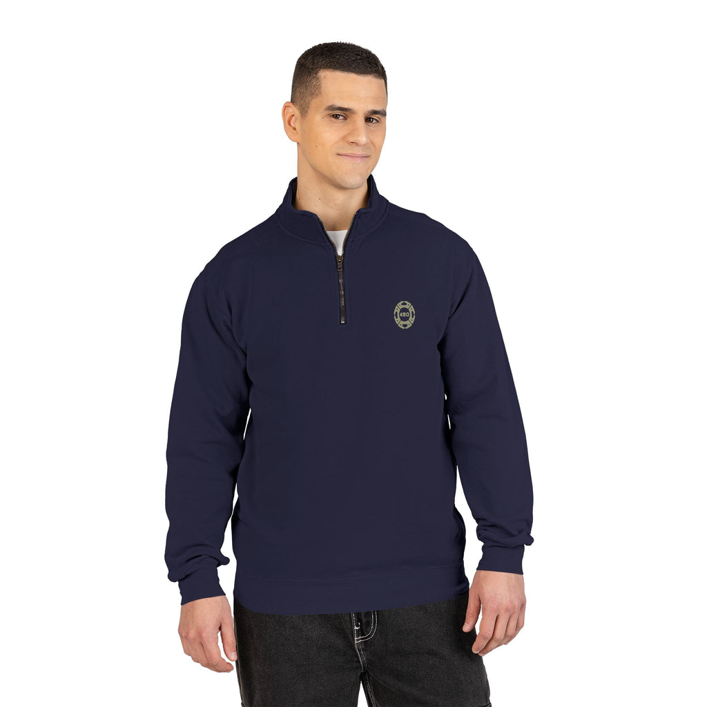 Quarter-Zip Sweatshirt — Minimal Olive Green Pocket Logo