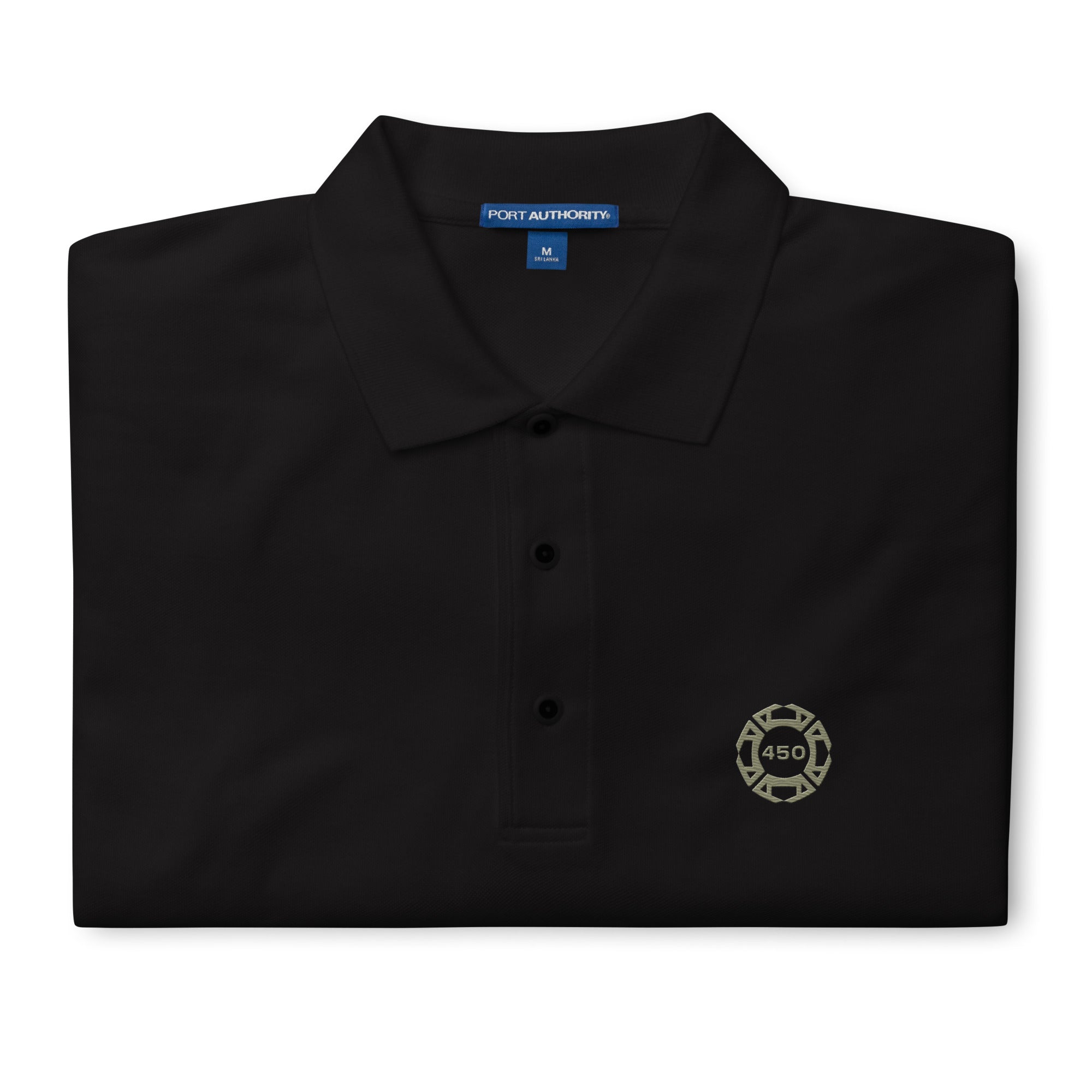 450-Apparel black embroidered polo shirt detail view