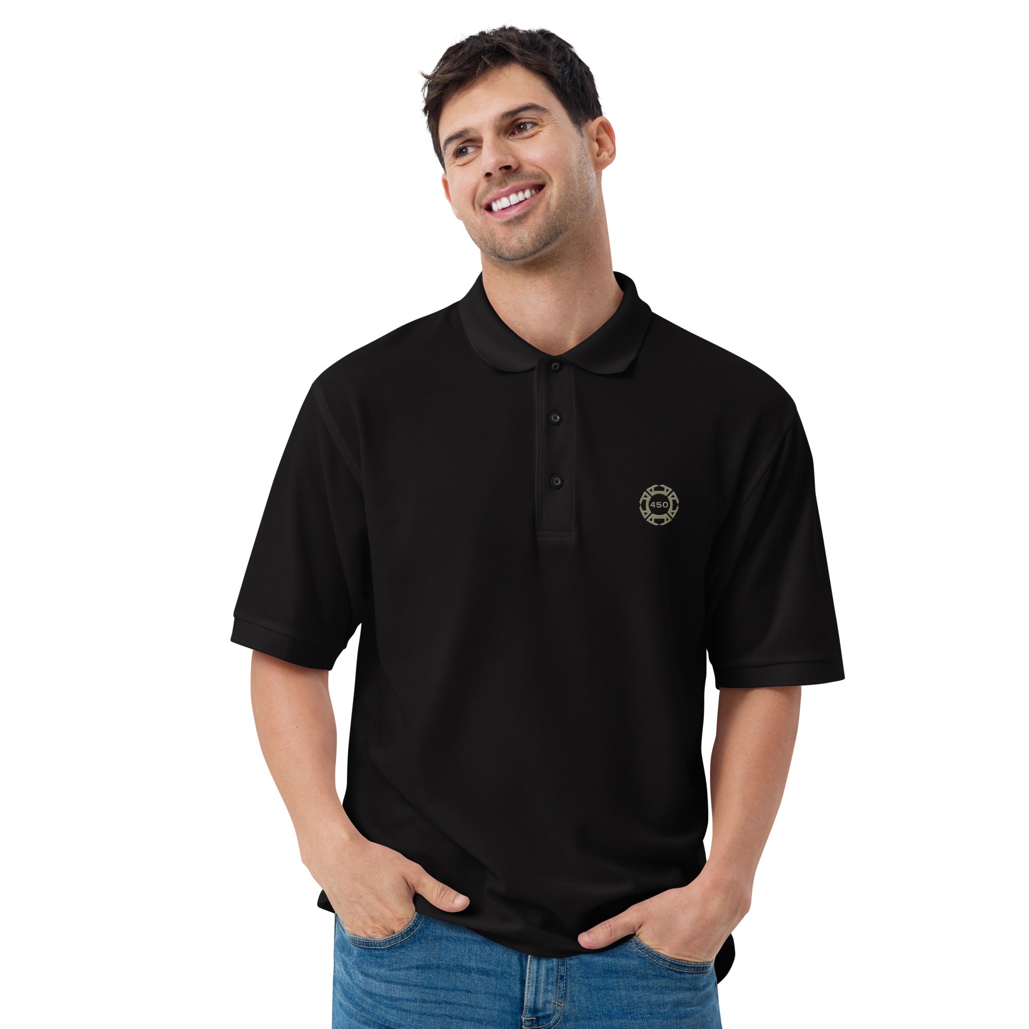 450-Apparel black embroidered polo shirt model front view