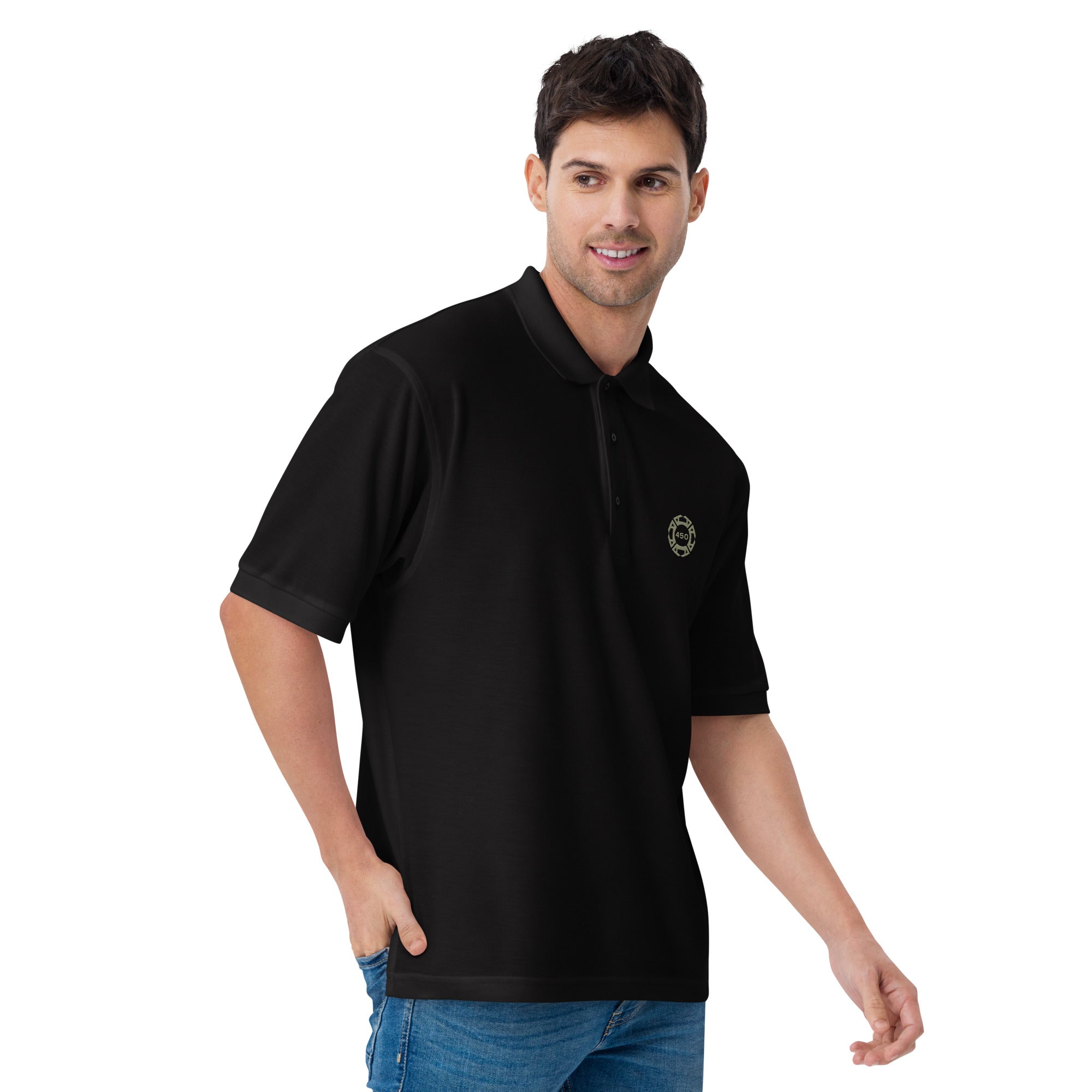 450-Apparel black embroidered polo shirt model side view