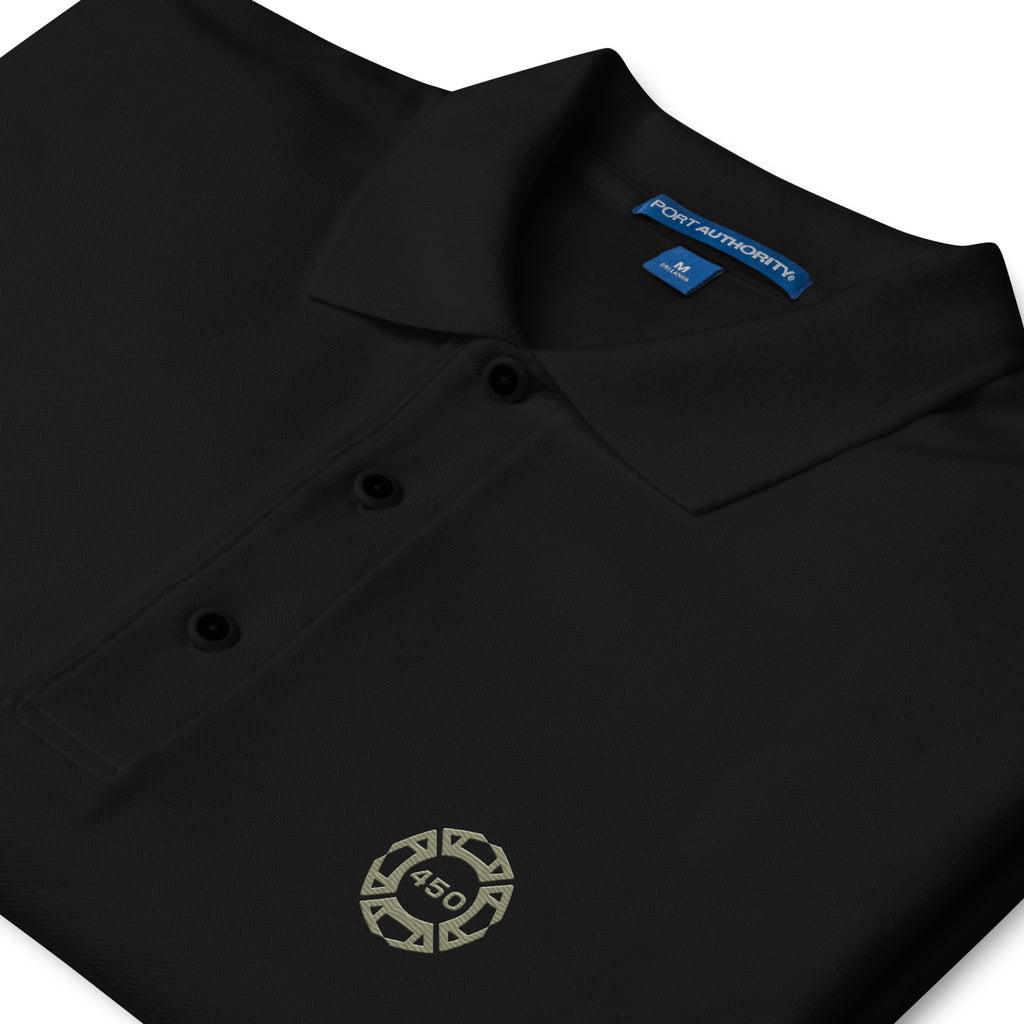 450-Apparel black embroidered polo shirt detail view