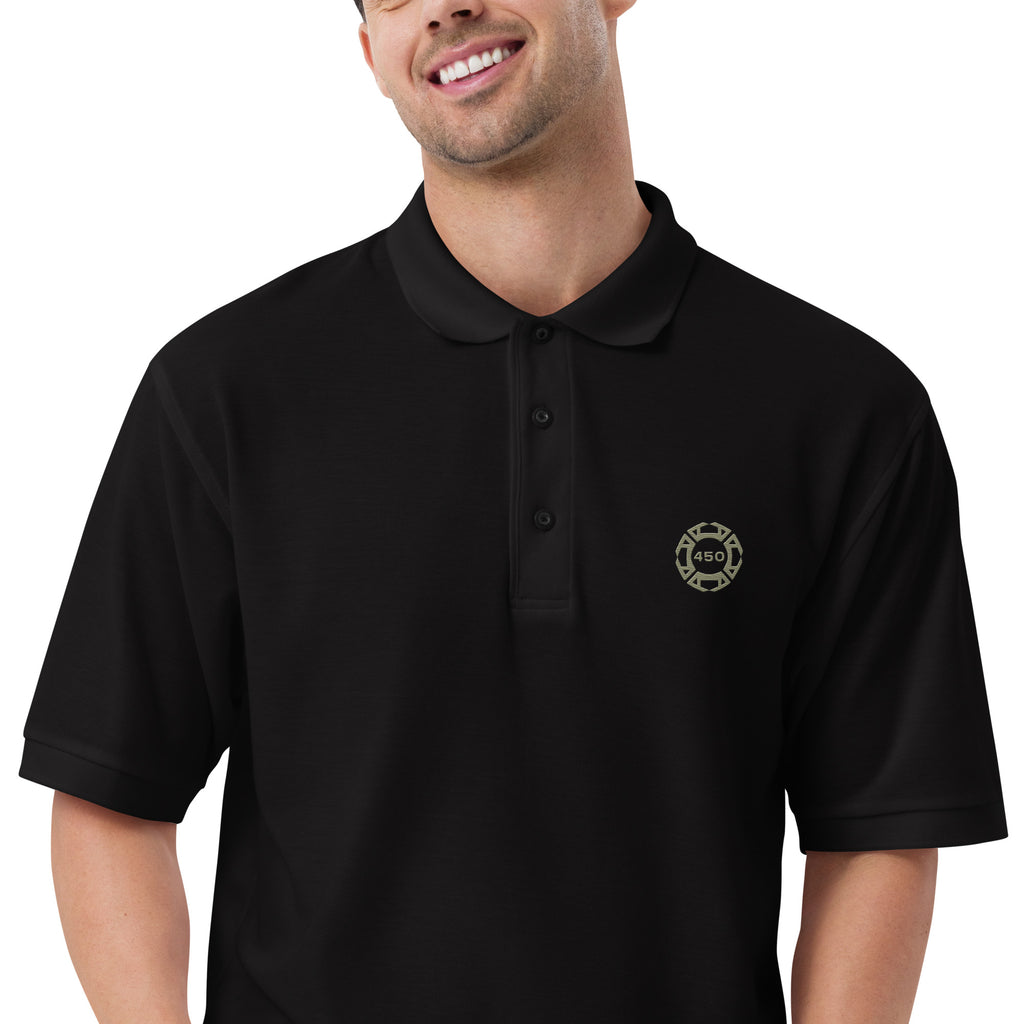 450-Apparel black embroidered polo shirt model front view