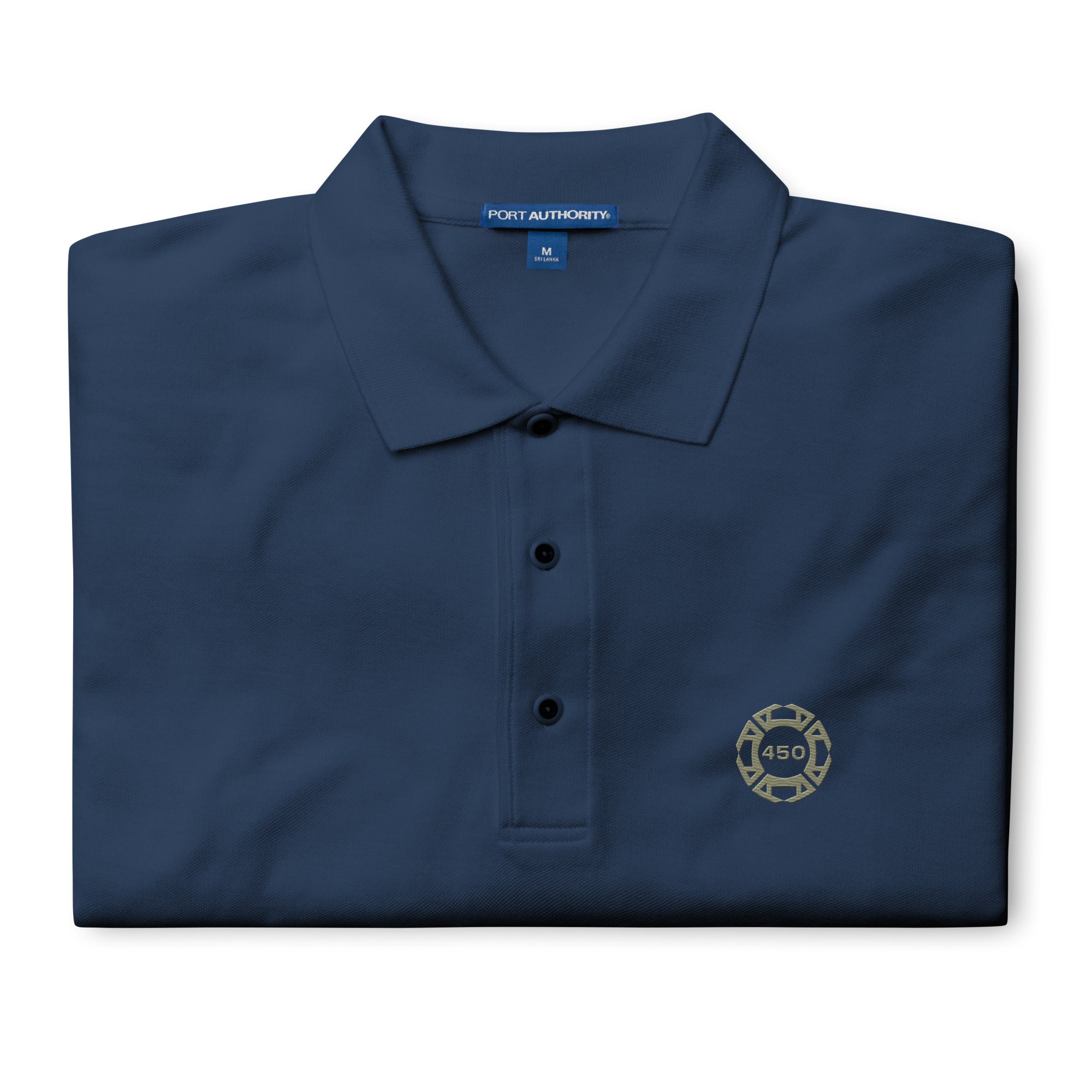 450-Apparel black embroidered polo shirt detail view