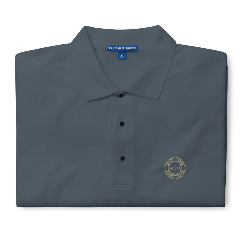 450-Apparel black embroidered polo shirt detail view