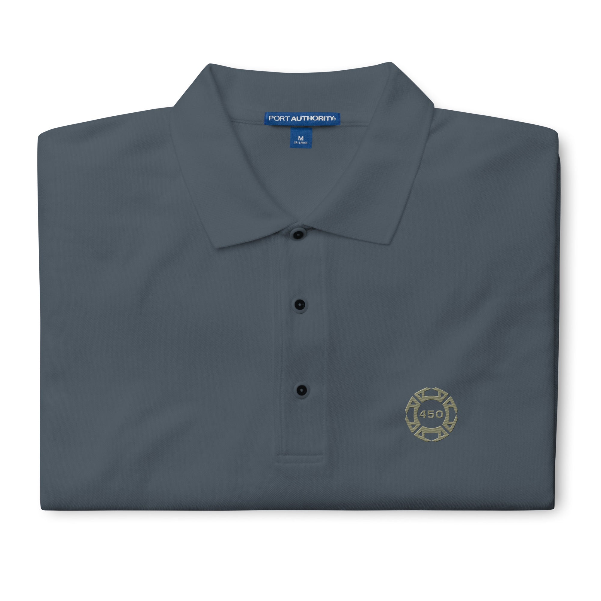450-Apparel black embroidered polo shirt detail view