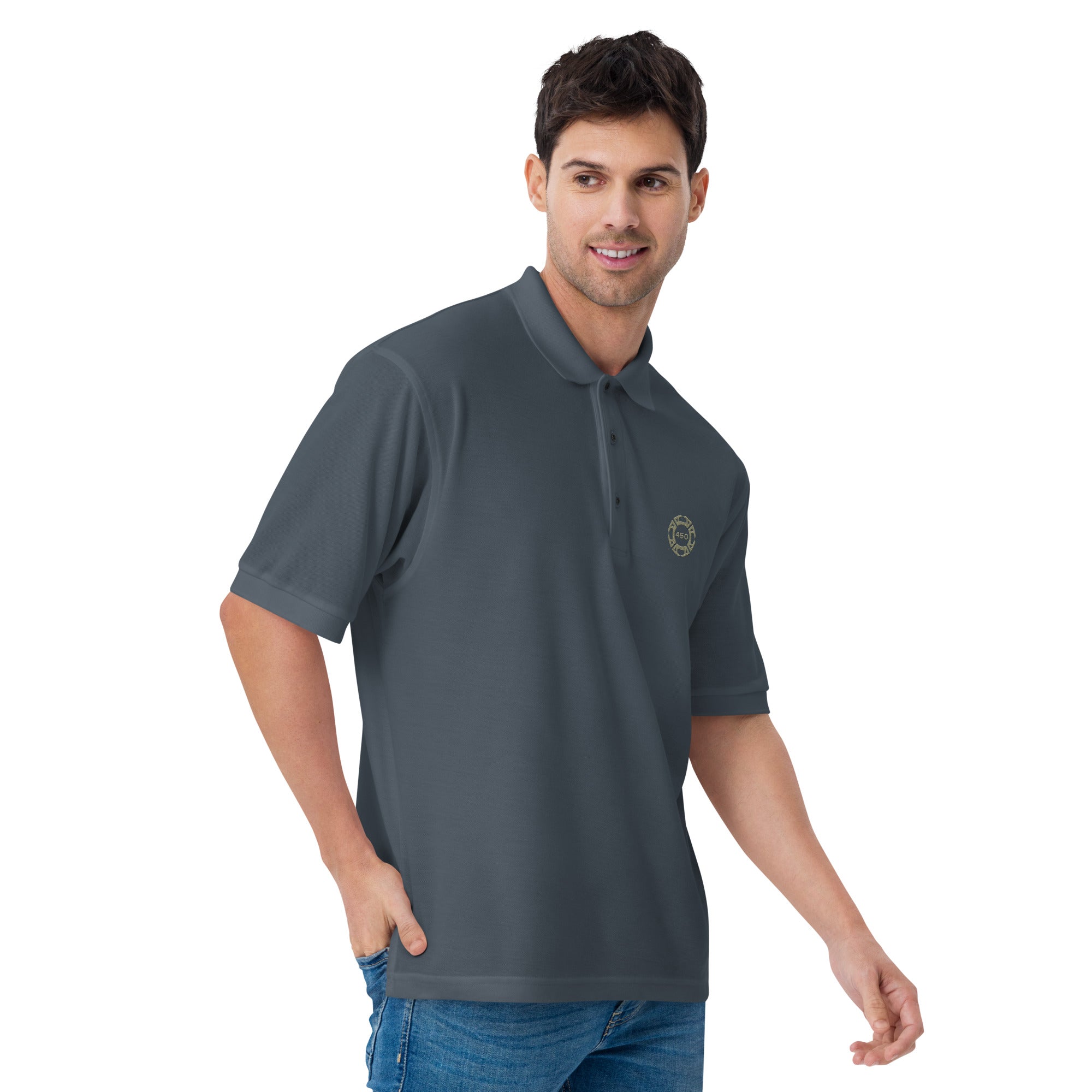 450-Apparel black embroidered polo shirt model front view